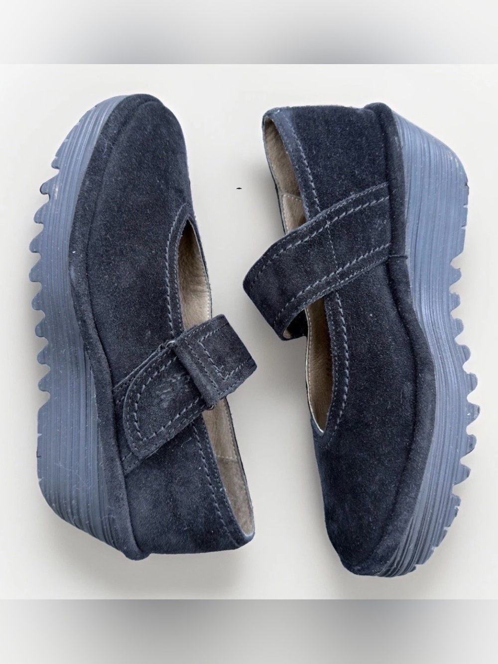FLY London 37 Ladies 6-6.5 Robi Black Suede Wedge Platform Heels Mary Jane Shoes